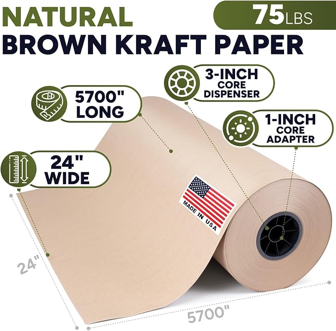 24" x 5700" (475 feet) Natural Brown Kraft Paper Roll, 75 Lb Extra Heavy-Duty (Grocery Bag Grade) – Made in USA Large Size Roll of Brown Wrapping Paper, 3-inch Core – for Packaging, Shipping | 75 Lb Extra Heavy-Duty (Grocery Bag Grade), Made in USA Lar...