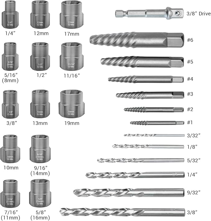 EWK 26-Piece Screw and Bolt Extractor Set, Spiral Screw Extractors, Twist Drill Bits, and Bolt Extractor Sockets for Stripped Screws, Broken Bolts, Rusted Fasteners, and Damaged Hex Heads