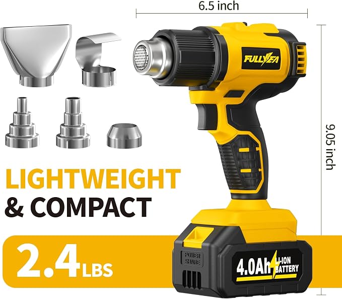 FULLYEA Cordless Heat Gun, Max 1022°F (550°C), Lightweight Hot Air Gun with 5 Nozzles & 2x4.0Ah Batteries, Portable Heat Gun Kit for Shrink Tubing, PVC Wrap, DIY Crafts (Yellow)
