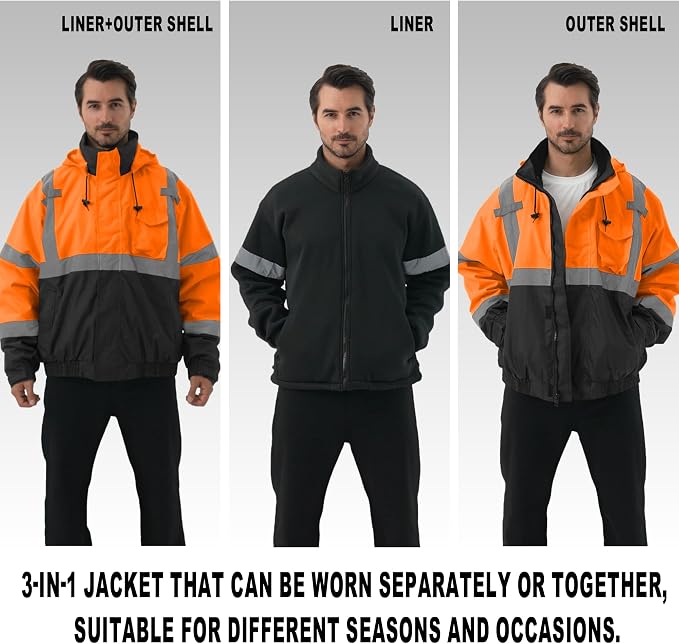 3 in 1 Safety jacket,Reflective high Visibility Hooded jacket,Hi Vis Bomber Jacket shell and fleece lining,Waterproof,ANSI Class 3 Black Bottom Orange,Small