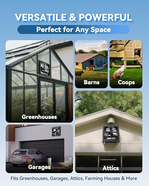 12" Wall Mounted Shutter Exhaust Fan with Thermostat - Temperature Humidity Controller, EC Motor, Aluminum Auto Shutter Ventilation Fan, Attic Vent Fan, Coops, Greenhouse, Barn, Shed Ventilator