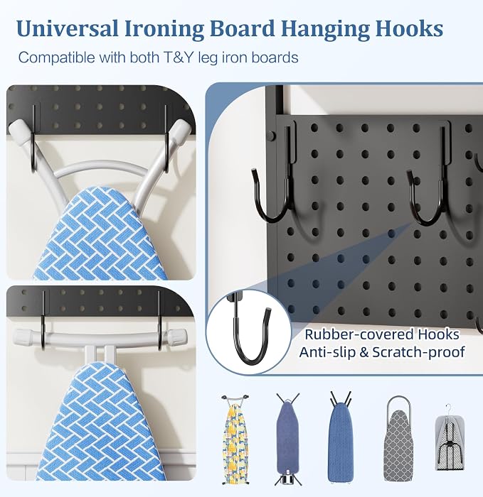 VINAEMO Wall Mounted Ironing Board Hanger with Pegboard and Yoga Mat Holder
