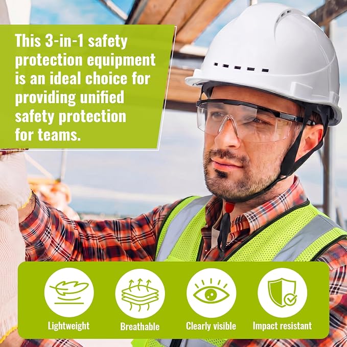 Mumufy 18 Pcs Construction Safety Kit Includes Cap Style Hard Hat White, High Visibility Vest, Clear Safety Glasses Adjustable Professional Ppe Bulk Set for 6 People, Industrial Work Gear Bundle