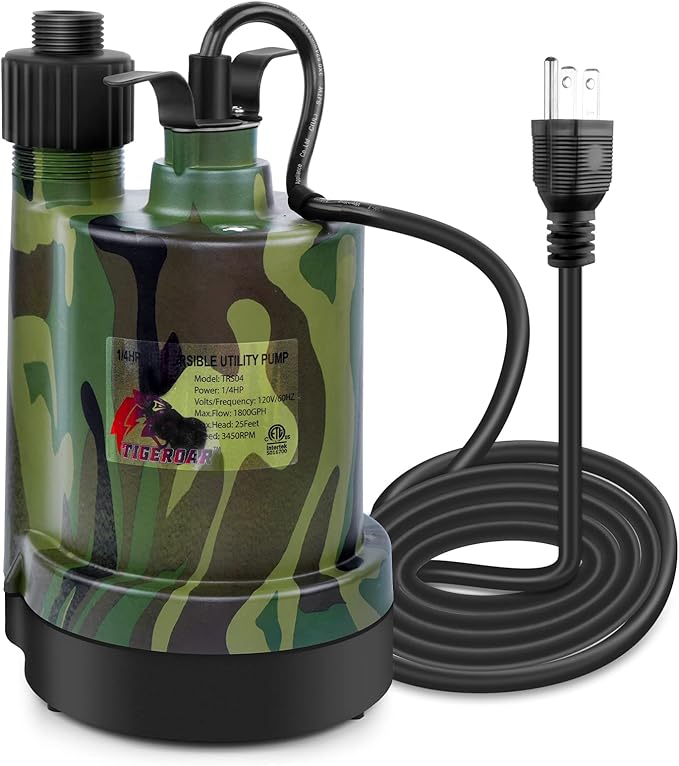 TIGEROAR 120V Submersible Pump 1/4 HP Water Transfer Pump 1800 GPH Utility Sump Pump with 10 ft. Cord and Hose Adapter for Transferring Water