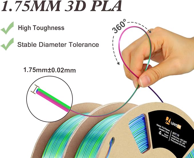 LOVOON Silk PLA 3D Printing Filament Bundle 2KG, PLA Filament 1.75mm Shiny Tricolor Pack Fast Color Change 3D Printer Filament, Get 2 Spools of Silk Blue/Green/Red, 1KG X 2 Spools