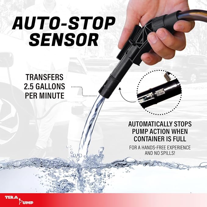 TERA PUMP 2nd Gen Gas Can Fuel Transfer Pump, Auto-Stop | Universal Spout Replacement, XL Intake Hose, For Gasoline, Diesel & Kerosene