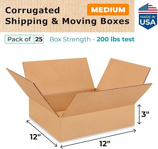 Medium Moving & Shipping Boxes 12"L x 12"W x 3"H (25-Pack) - Extra Strength 200 lb vs Regular - USA-Made Corrugated Boxes for Shipping - Packing Box for Moving Medium - Box to Pack by IDL Packaging