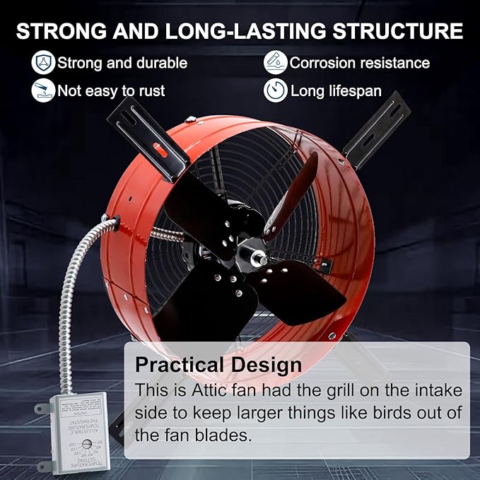 Criditpid 15" Gable Mount Vent Attic Fan, Exhaust Ventilation Fan with Adjustable Thermostat for Gable, Home, Shed, Garage, Portable Building, 3.4A, 1300CFM, 1075RPM, 1850 Sq.Ft Coverage Area, Red.