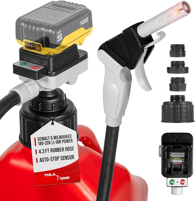 TERA PUMP Cordless Battery Powered Liquid Transfer Pump (4.0 GPM) | Compatible with DeWalt 20V & Milwaukee 18V Batteries, Automatic Shutoff Sensor, 51" Heavy-Duty Rubber Hose, 4 Adapters