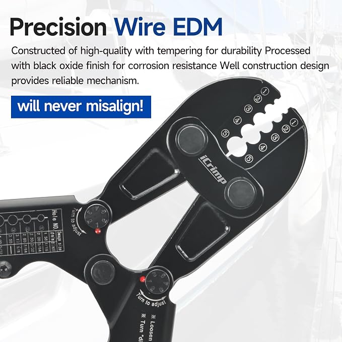 iCrimp 1608B Wire Rope Crimping Tool, 5 Die Slots 1/16" to 3/16", Heavy Duty Hardened Steel Swaging Tool for Aluminum Oval, Stop, Loop & Crimp Ferrules