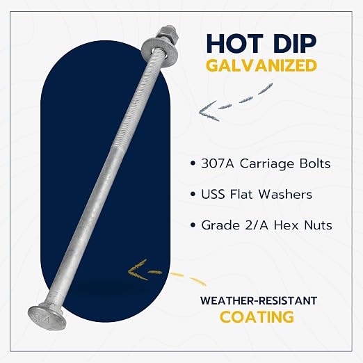 3/8" x 12" (50 Pack) Galvanized Carriage Bolt Kit, Grade 307A, Hot Dip Galvanized for Exterior Use by Makers Bolt