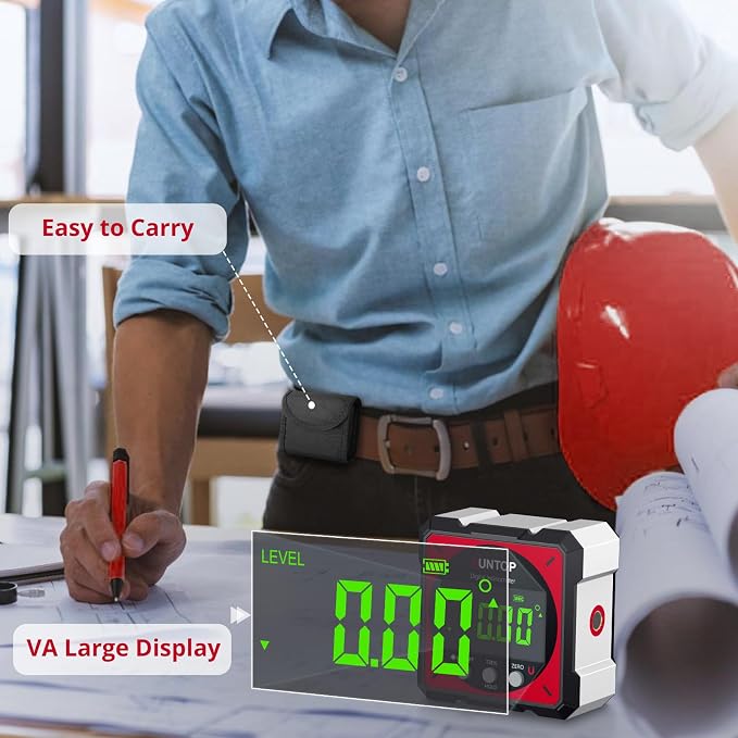 XUNTOP USB Charging Digital Angle Finder Level Box with Laser (Class 2, <1mW Output), 4-side Strong Magnetic Angle Gauge IP54 Waterproof Inclinometer Level for Hanging Decorations Woodworking