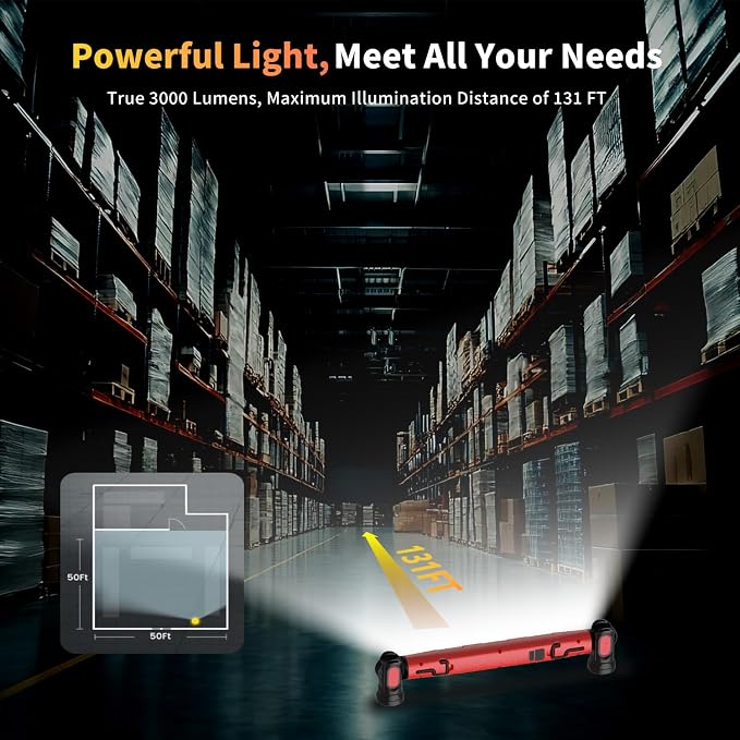 2Pack MechaniLite Under Hood Work Light Bar, 3000LM LED Magnetic Light Bar with Hooks, 5200mAh Cordless Rechargeable Hood Light for Mechanic/Car Repairing/Garage-Red
