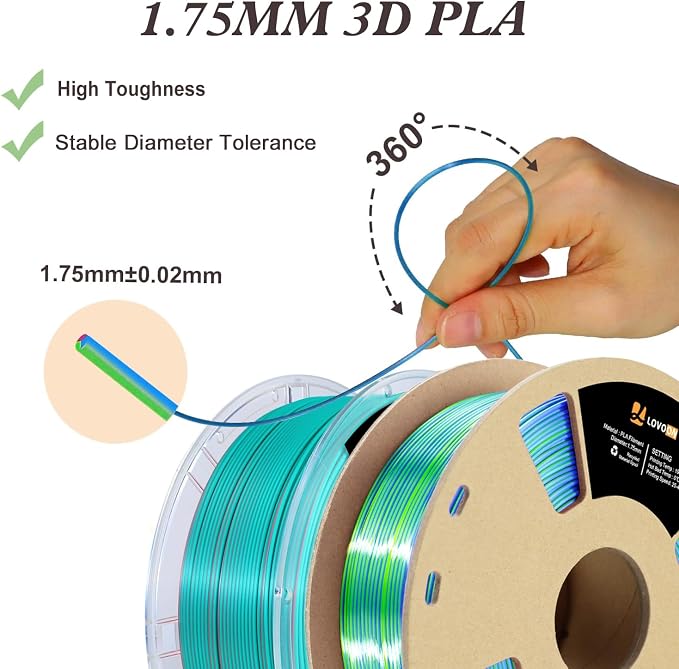 LOVOON Silk PLA 3D Printer Filament Bundle 2 KG, PLA Filament 1.75mm, Shiny Silk Blue/Green/Red and Blue/Pink Change by Angle, 3D Printing Filament for Most FDM Printers and 3D Pen, 1KG X 2 Spools