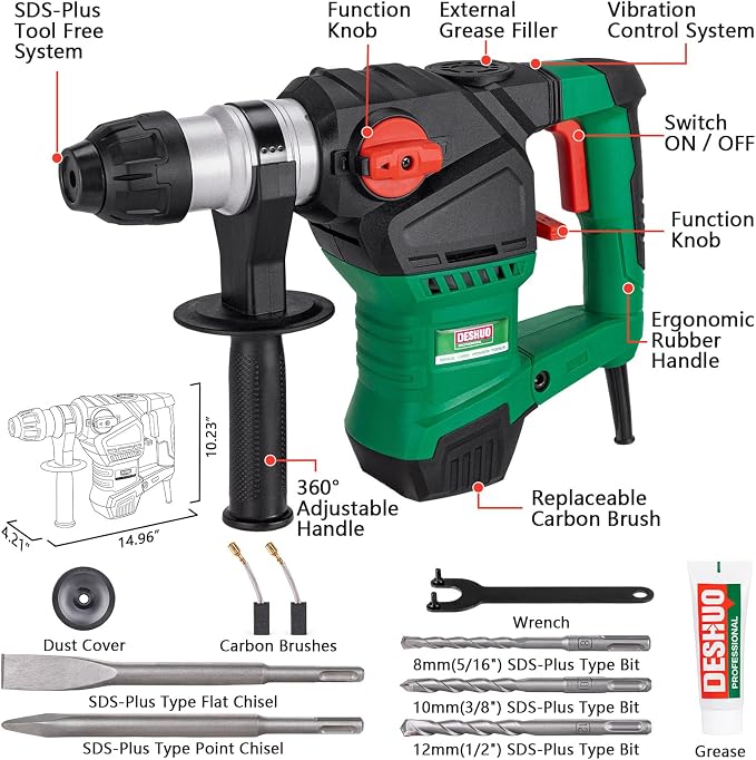 1-1/4" Heavy Duty SDS-Plus Rotary Hammer Drill for Concrete/Masonry | 12.5 Amp Corded Electric 11.5 Lbs 3 Functions Safety Clutch Demolition Rotomartillo w/ 3 Drill Bits 2 Chisels Carrying Case