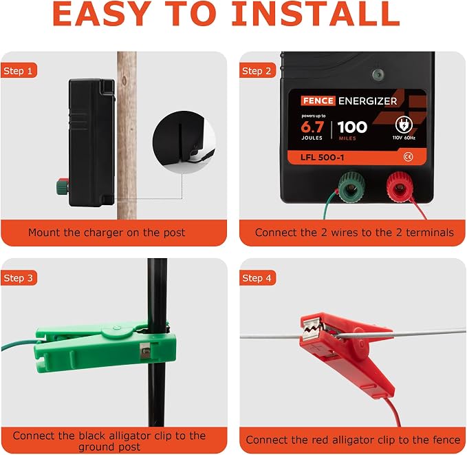 Electric Fence Charger AC Powered 100 Miles 300 Acres, 110 Volt 6.7 Joule Plug-in Electric Fence Energizer, Output Voltage Max 10.2 kV for Livestock, Preventing Predators from Intruding