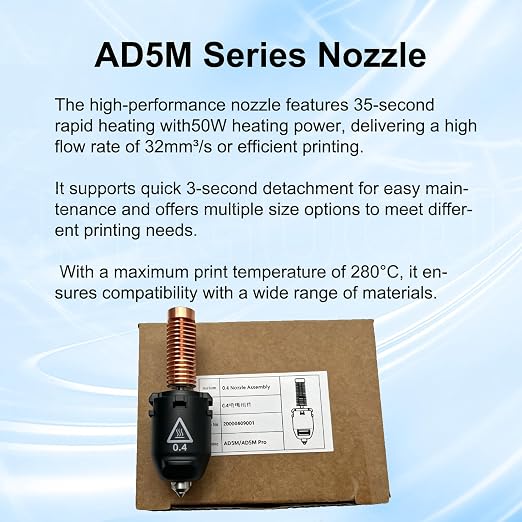 1 PK Original 0.4mm AD5M Nozzle for Flashforge AD5M/AD5M Pro, 280℃ AD5M High Flow Hotend with 32mm³/s and 3-Second Quick Release, OEM Replacement Part for flashforge AD5M Accessories