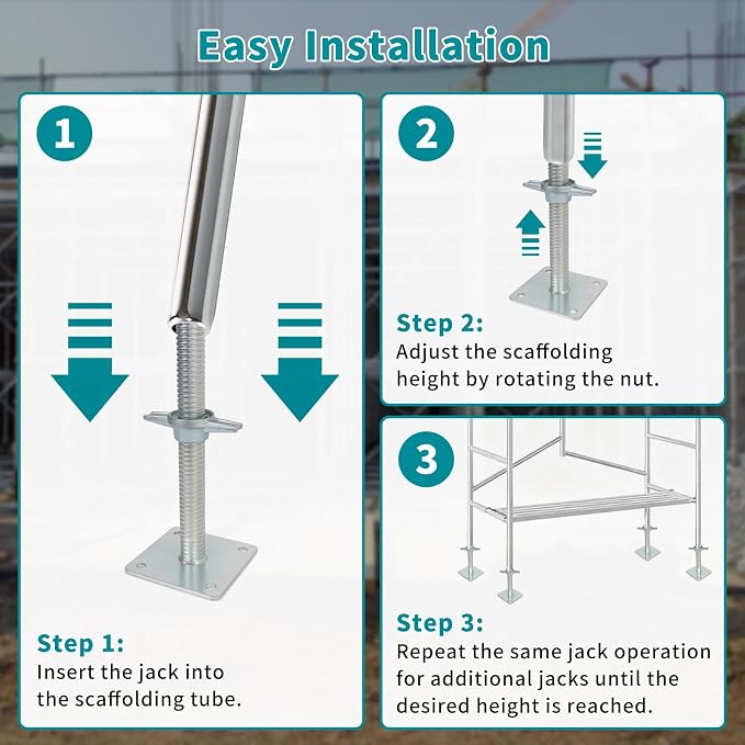 12" Adjustable Scaffolding Leaveling Jack, Galvanized Steel Hollow Screw Jack with Base Plate, 4 Pack