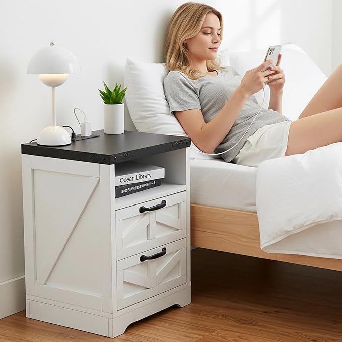 GarveeHome Farmhouse Nightstand -Night Stand White with Charging Station, Bed Side Tables Bedroom with 2-Drawer USB, Industrial End Table, Sturdy Engineered Wood (White with Drawer)