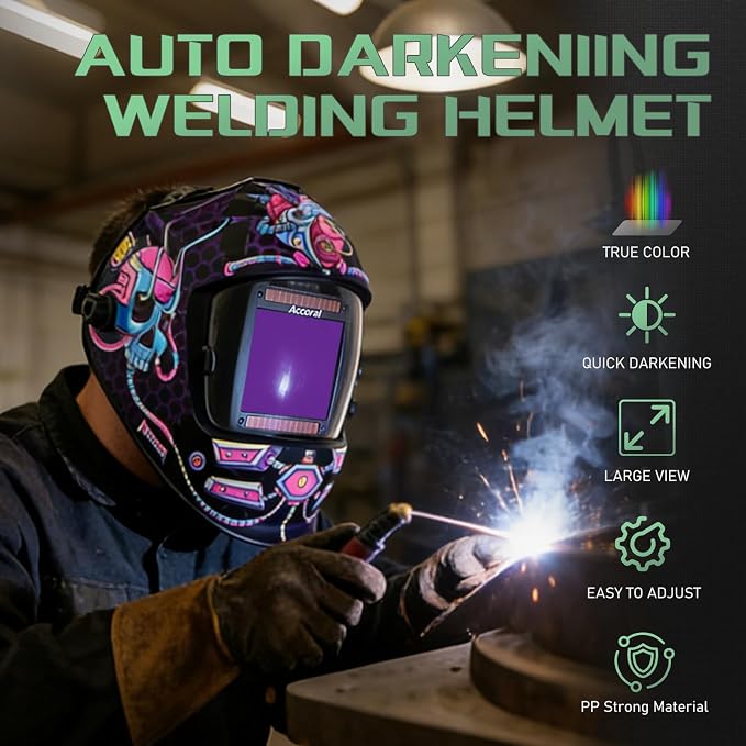 3.94" x 3.66" Large Viewing Hemispherical lense Welding Helmet, 1/1/1/1 True Color Auto Darkening Welding Hood, 4 Arc Sensor Wide Shade 4/5-9/9-13 for TIG, MIG, ARC, CUT, Grind, Mecha Style