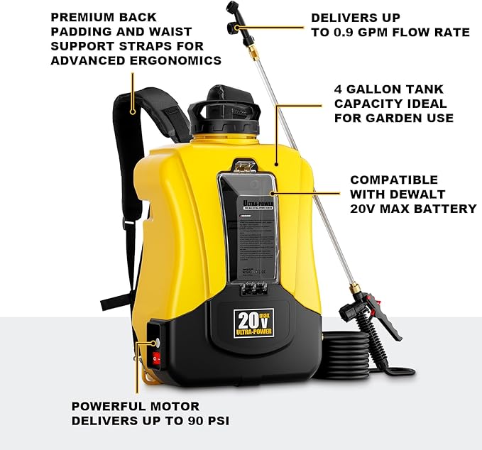 4-Gallon Battery Powered Backpack Sprayer, Compatible with DeWalt 20V MAX, 0-90 PSI Adjustable, 100+ Gal Per Charge, Cordless Garden Sprayer for Lawn Care, Tool Only (Battery Not Included)