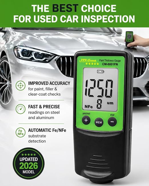 Paint Thickness Gauge CM-8801FN for Cars – Digital Coating Thickness Meter, Auto Fe/NFe Detection, 1 μm Resolution, 0–1250 μm (0–49 mils), ±(3%+2 μm) Accuracy, Automotive Inspection Tool