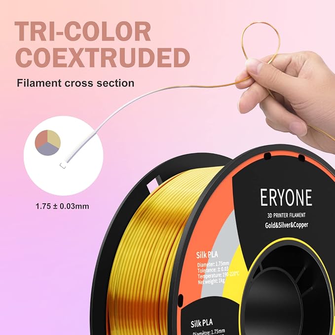 ERYONE Silk Tri Color PLA Filament 3D Printer 1.75mm +/- 0.03mm, Multicolor Filament Tricolor PLA 1KG(2.2lbs) Cardboard Spool, Gold Silver Copper