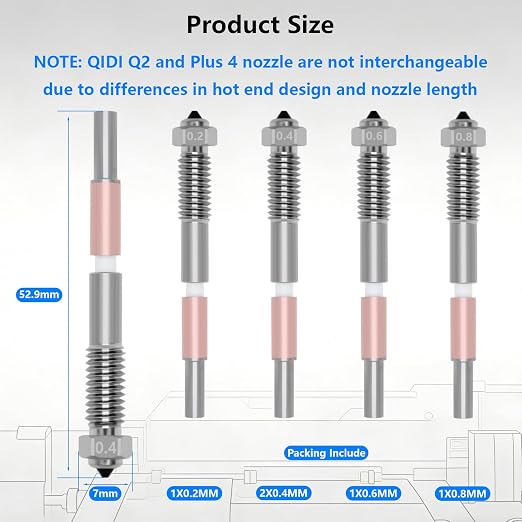 5PCS Bimetal Nozzle for QIDI Q2/Q2C, Quick-Swap Integrated Ceramic Throat Tube Hardened Steel Nozzle All-Metal HighTemperature Resistant Hotend 0.2/0.4/0.6/0.8mm Nozzles for QIDI Q2 3D Printer