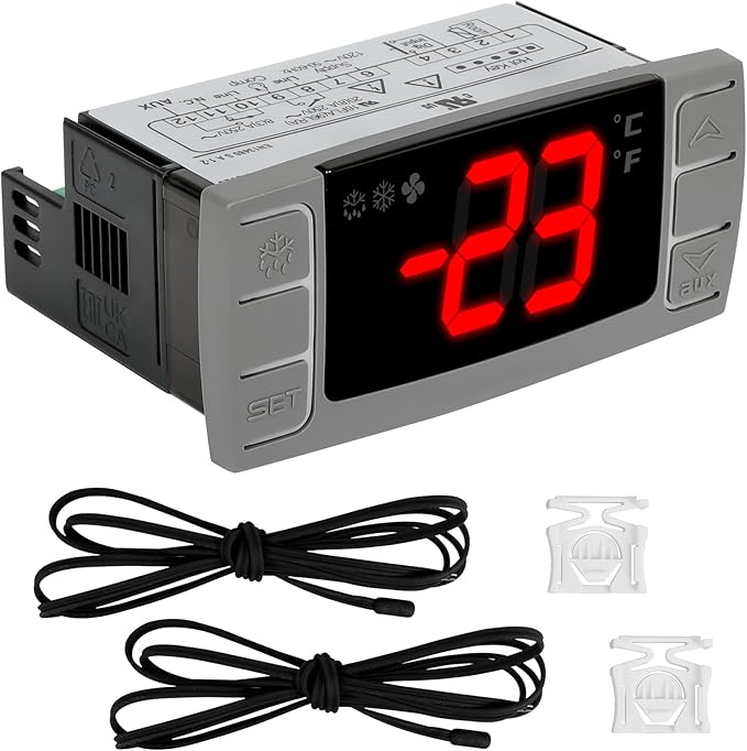 XR02CX-4N1F1 Temperature Controllers, Ideal for 120V 50-60hz Commercial Refrigerators/Freezer, Digital Thermostat with Sensor Probe & Mounting Hardware