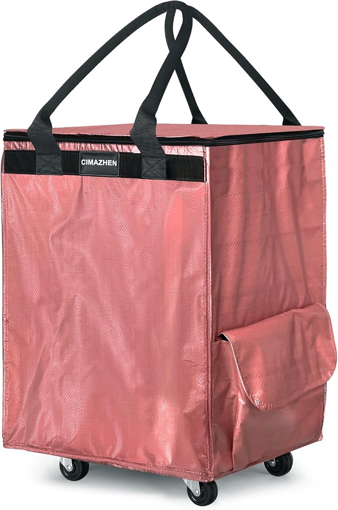 (Medium,Pink) Reusable Grocery Bag on 4 Wheels, 70L Foldable Rolling Tote Bag with 3 Handles and Zipper, Rolling Shopping Cart for Groceries, Storage, Laundry, Travel, Organizer, 76lb