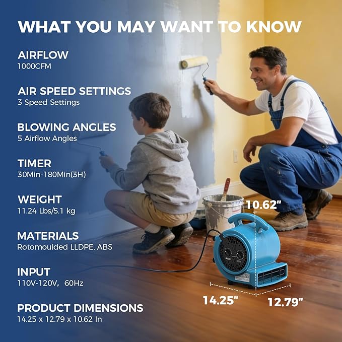 ALORAIR 1000 CFM Air Mover Blower Fan for Drying, Ventilating, Exhausting, Cooling, Utility Timer Fan with 3 Speeds, 5 Adjustable Angles, 10ft Long Cord for Home, Industrial, Commercial Use - GE1000AT