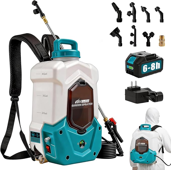 Battery Powered Backpack Sprayer Compatible with Ma-Kita 18V Battery, 100 PSI Electric Garden Sprayer 4 Gallon with 4.0Ah Battery, 6 Hours of Runtime, Telescopic Wand, 8 Nozzles for Weed Pest Control