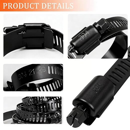 Black Hose Clamp Assortment 202PCS 304 Stainless Steel Hose Clamp Kit 1/4"–2"(6-51mm) Worm Gear Hose Clamps Small Hose Clamps for Automotive Radiator Pipe,Plumbing,Fuel Line
