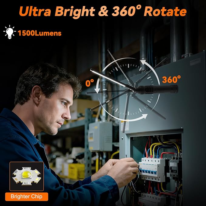 4Pack Magnetic Rechargeable LED Work Light/Flashlight for Mechanics | All Aluminum, 1500 High Lumens, Digital Display, 7 Modes, 360° Rotation, for Car Repairing, Emergency, Gifts for Father