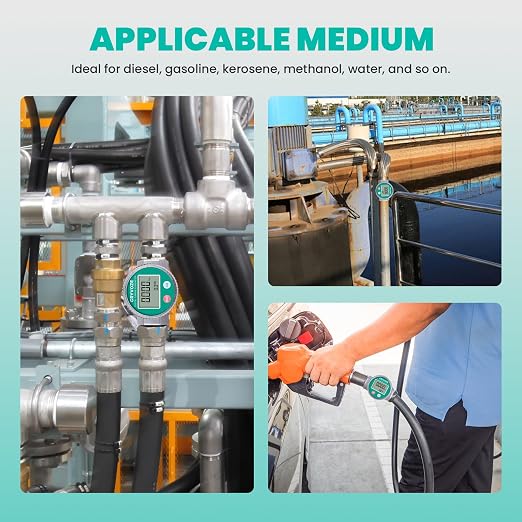 Waterproof 1 Inch Digital Water & Fuel Flow Meter with 3/4 Inch Adapters, EMI Protection, 2.4-26.4 GPM Inline NPT Thread Fuel Meter for Gasoline, Gas Oil, Water, and Other Liquids.