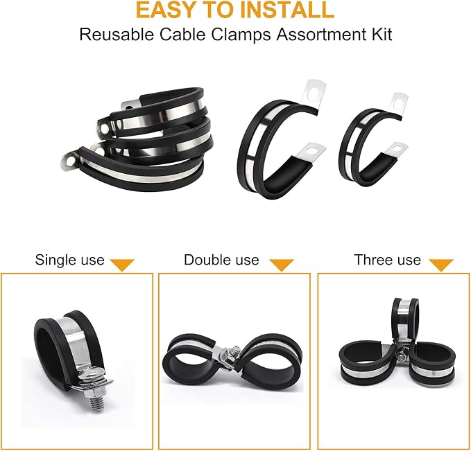 VIGRUE Cable Clamps Assortment Kit, 53PCS Large Rubber Pipe Clamps 304 Stainless Steel Rubber Cushion Wire Clamps in 6 Sizes 1/2'' 1'' 1.25'' 1.5'' 1.75'' 2''