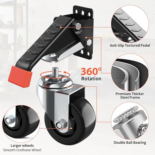 SPACEKEEPER Workbench Casters kit 920 Lbs Retractable Casters Heavy Duty Bench Caster Wheels Side Mounted Retractable Workbench Wheels Designed for Workbenches Machinery & Tables, 4 Pack