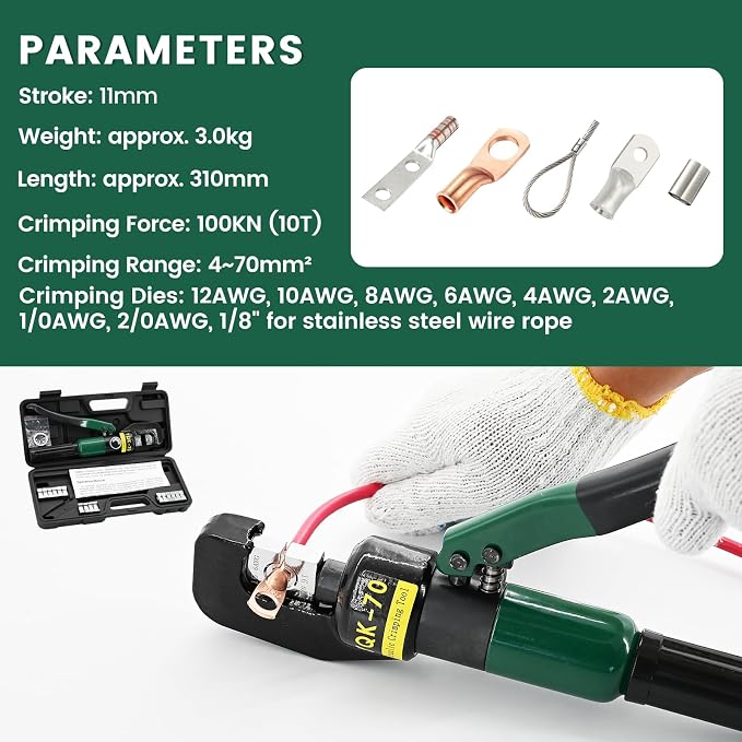10T Hydraulic Crimping Tool Kit - 12 AWG to 2/0 AWG Battery Cable & Lug Crimper with 9 Pairs for Electrical Terminals Wire Crimper (Green)