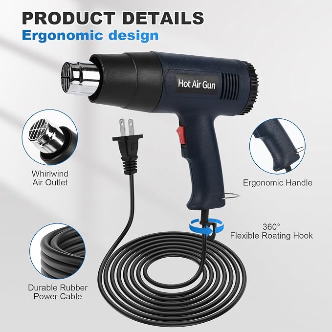 Heat Gun for Crafting, 1800W Handed Hot Air Gun 122°F-1202°F, 5.25FT Ultra-Long Cable Portable Heat Gun with Stand and Power Cord for Shrinking Wrapping PVC, DIY Embossing and Drying Paint (Black)