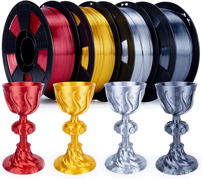 ZIRO Silk PLA Filament Bundle, 4 Packs1.75mm 3D Printing Filament Shiny, Glossy PLA for 3D Printing,1.75mm Metal-Like Surface Rich Color Spool, 1KG x 4 Spool, Silver, Red, Gold, Silver Black