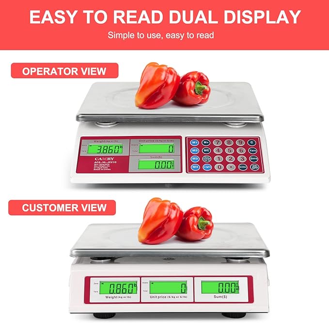 CAMRY Commercial Price Computing Scale, 66lb/30kg, Dual LCD | Stainless Steel Platform; Green Backlight; Battery Powered; KG/LB Conversion; For Deli and Farmers Market