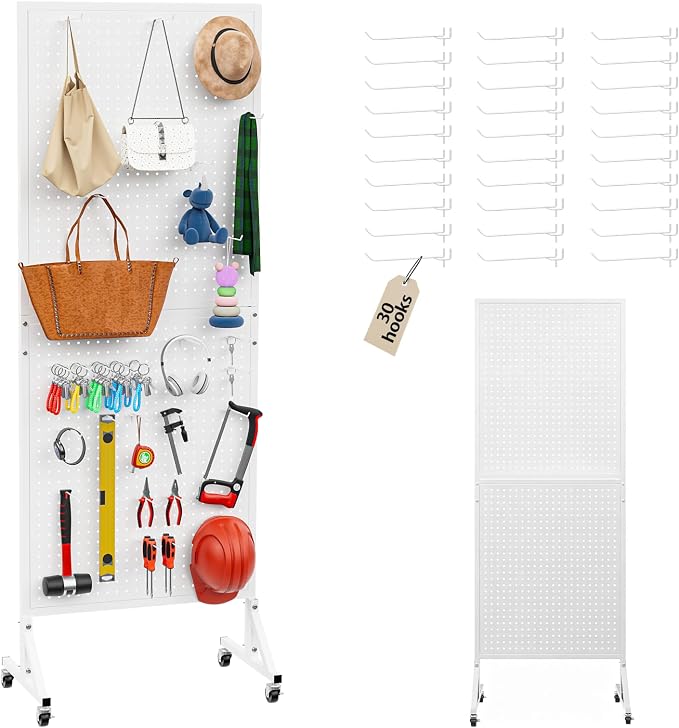Metal Pegboard Display Stand 66" x 24”, Pegboard Shelf with 30 Hooks, 4 Wheels and 4 Leveling Feet, Peg Board Panels Display Rack for Retail Store, Craft Show, Garage, Jewelry Organizer, White