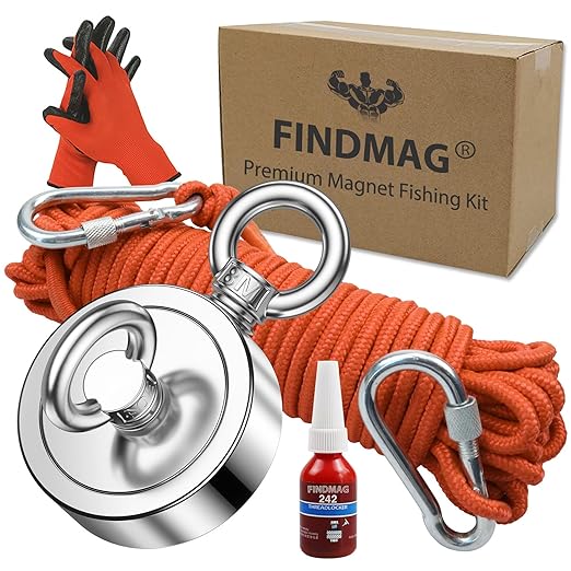 FINDMAG Fishing Magnet Kit, 750 lbs Pulling Force Magnetic Fishing, Double Sided Magnet Fishing with Rope, Magnetic Tool Kit for Retrieving Items in River, Lake, Beach, Lawn, 2.36" Diameter