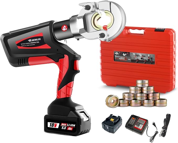 Electric Wire Cable Crimper Battery Powered Hydraulic Crimping Tool Range 8AWG to 600MCM with 12 Dies, Electricians for Circuit Repairs and Stainless Steel Deck Upgrades (HL-300B)