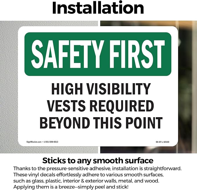 High Visibility Vests Required Beyond This Point OSHA SAFETY FIRST Vinyl Decal Label 24 Inch x 18 Inch - 5 Pack