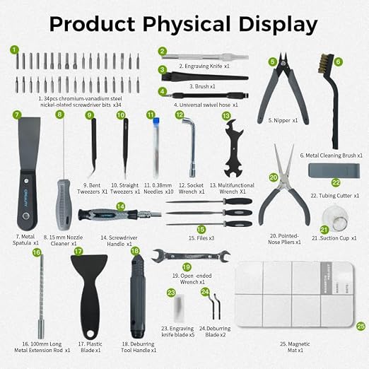Creality 74 Pcs 3D Printer Tools Kit with Storage Bag, 3D Printer Accessories Tool Wrap Kit, Assembly/Removal/Finishing/Deburring/Filament Cutting/Nozzle Cleaning Tool for All FDM Printers