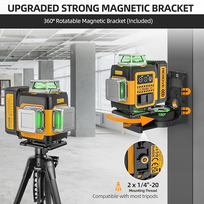 4 x 360 Laser Level 360° Self Leveling, 4D High Brightness Rechargeable Lazer Level, with Pluse Mode for Outdoor, Hard Carry Case, Lift Base, Glasses, Target Plate