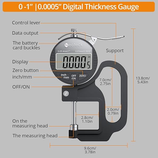 Neoteck Digital Thickness Gauge 1inch/25.4mm,0.0005inch/0.01mm LCD Display with Inch/MM Conversion One-Hand Quick Press Thickness Measuring Tool for Leather Paper Fabric Film etc.-Silver-Black