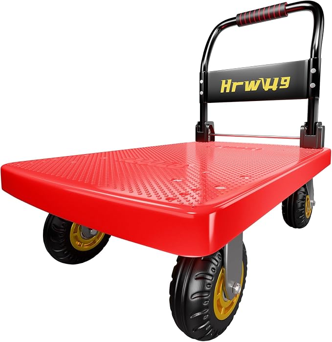 Hand Cart Dolly, Push Cart with 360 Swivel 5'' Wheels, 1200LBS Capacity, Dolly Cart with Wheels Warehouse Cart for Groceries, Garage, Warehouse - Red