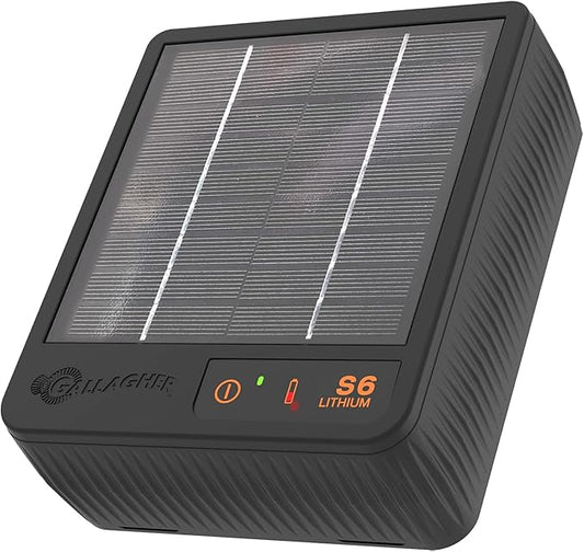 Gallagher S6 Solar Electric Fence Charger | Solar Fence Energizer for Gardens, Chickens, Goats, and Pets | Solar-Powered Fence Charger with Lithium Battery | Mounts Directly to Grounding Rod